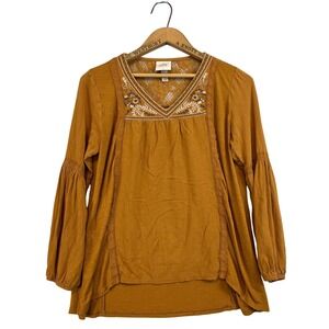 KNOX ROSE Long Sleeve Peasant Blouse Size XS Brown Embroidered Rayon
